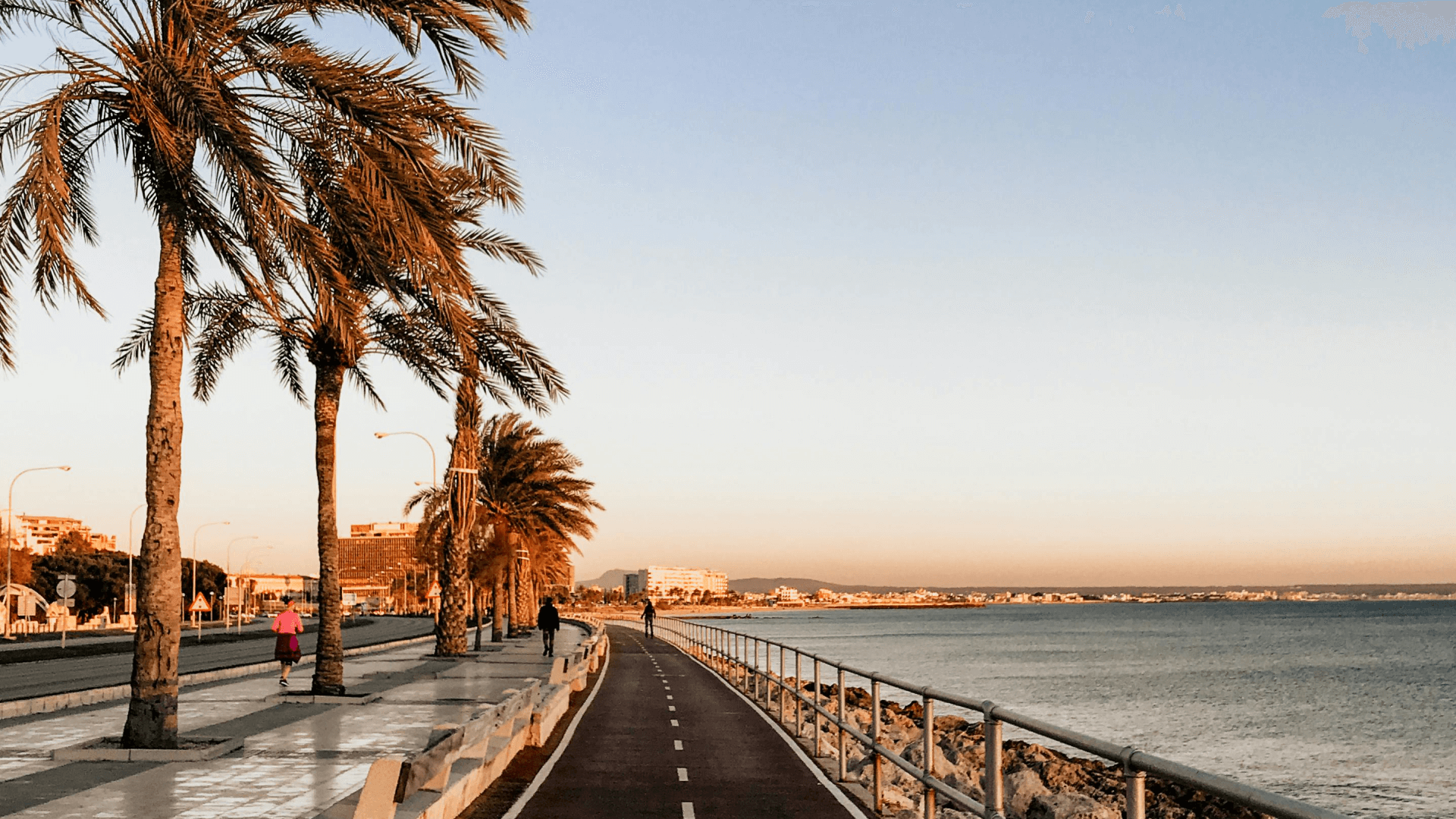 a serene coastal walkway lined with tall palm trees on one side and a calm ocean on the other. The pathway, designated for pedestrians and cyclists, stretches into the distance, bathed in the warm, golden glow of the setting sun. The sky is a gradient of soft blue and pink hues, creating a peaceful atmosphere. A few people can be seen walking and jogging along the path, adding a touch of life to the tranquil scene. This image captures a relaxing moment along a scenic beachfront.