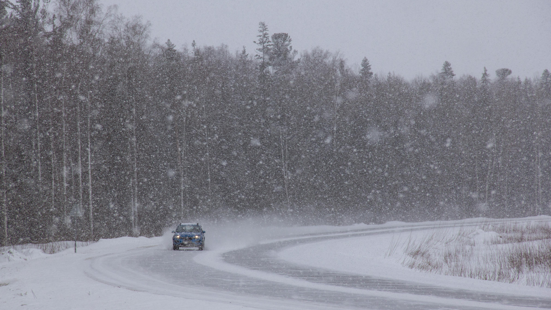 Car driving on a snow-covered road surrounded by a forest during heavy snowfall.