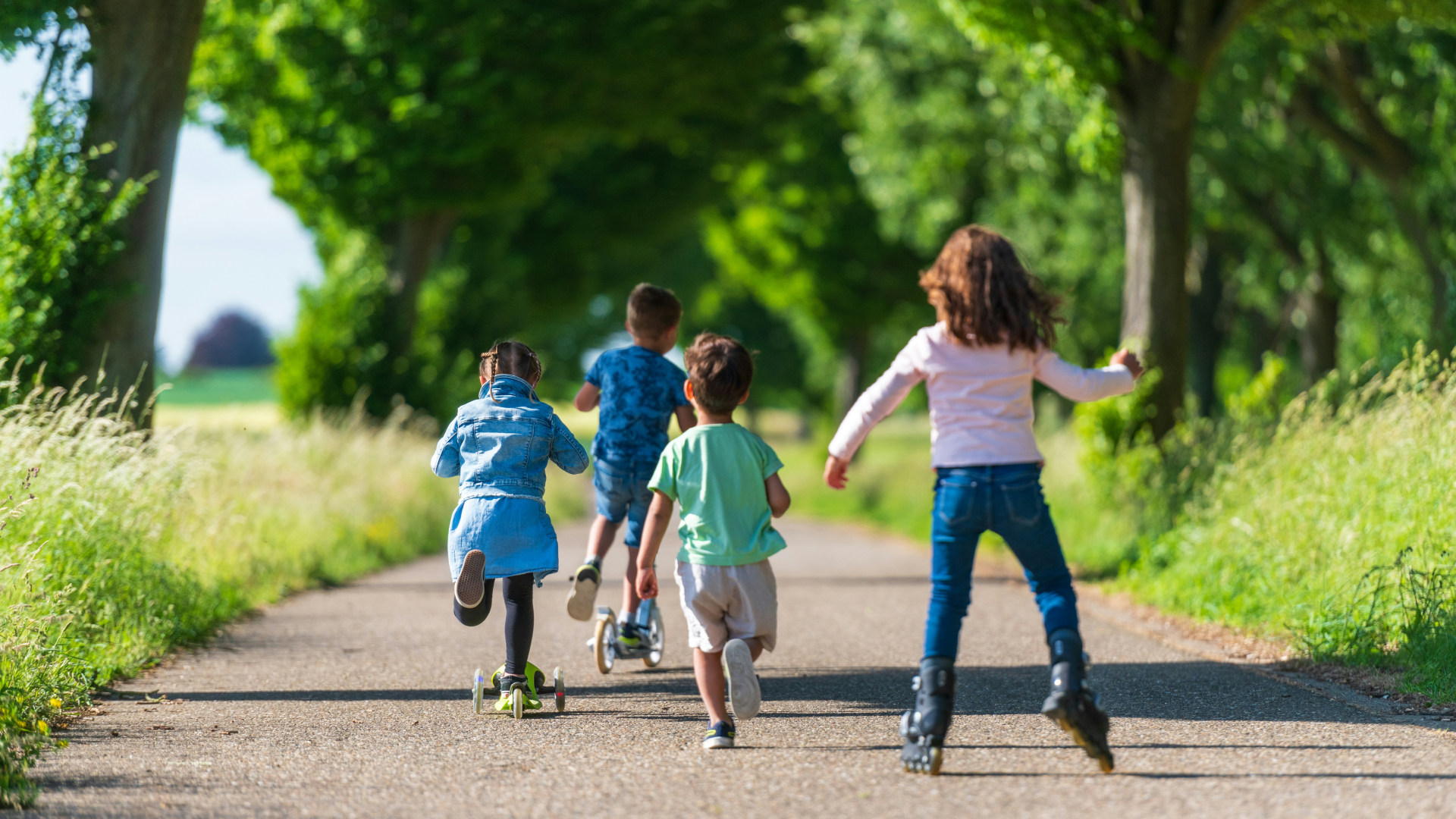 A group of children playing outdoors on a tree-lined pathway, riding scooters, rollerblading, and running, enjoying a sunny day in nature.