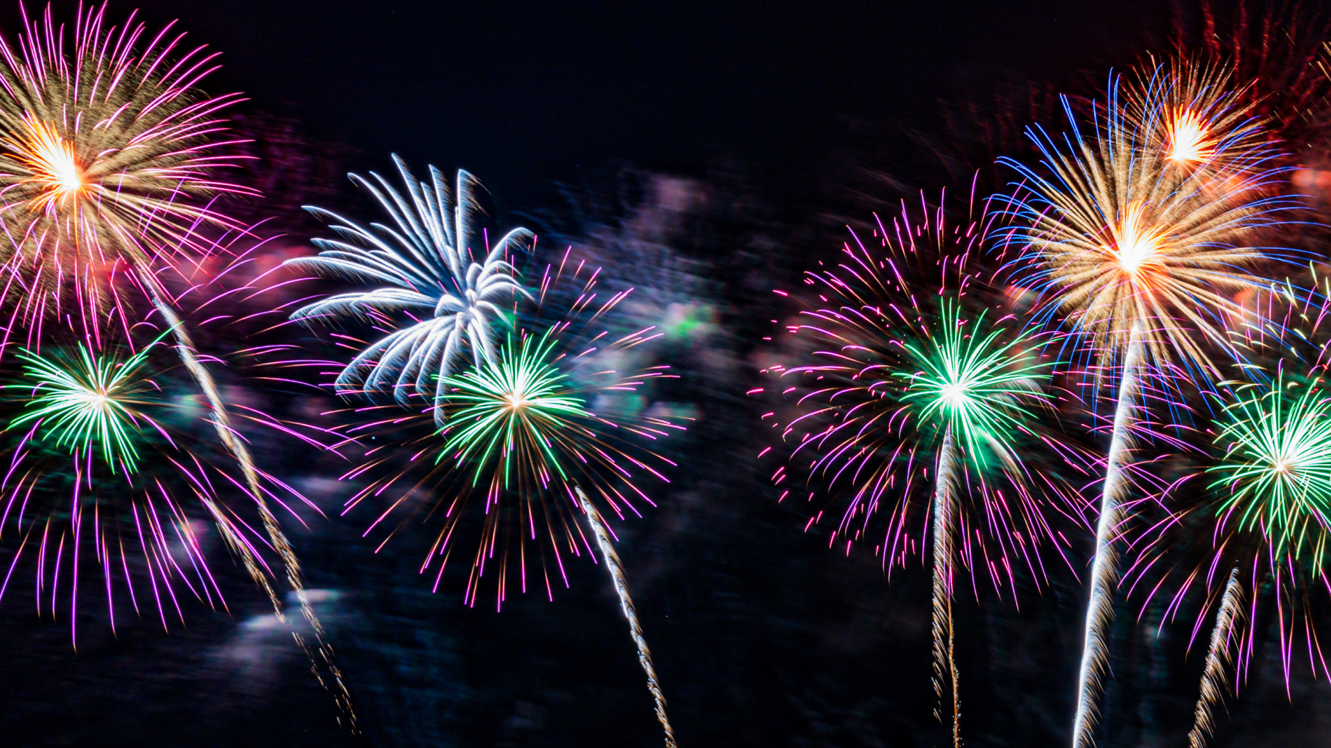 Colorful fireworks exploding in the night sky during a public celebration