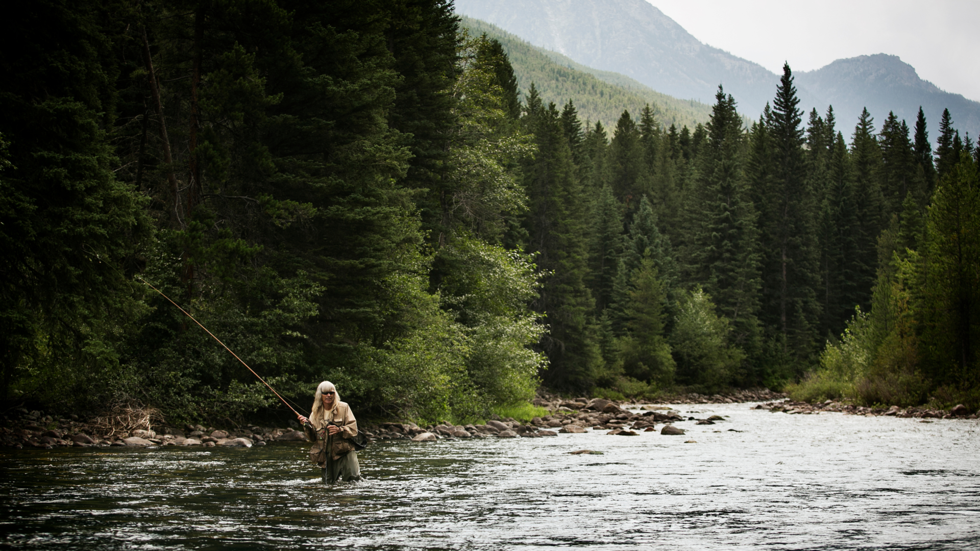 Mujer pescando con mosca en un río rodeado de pinos y montañas en la Montana rural.