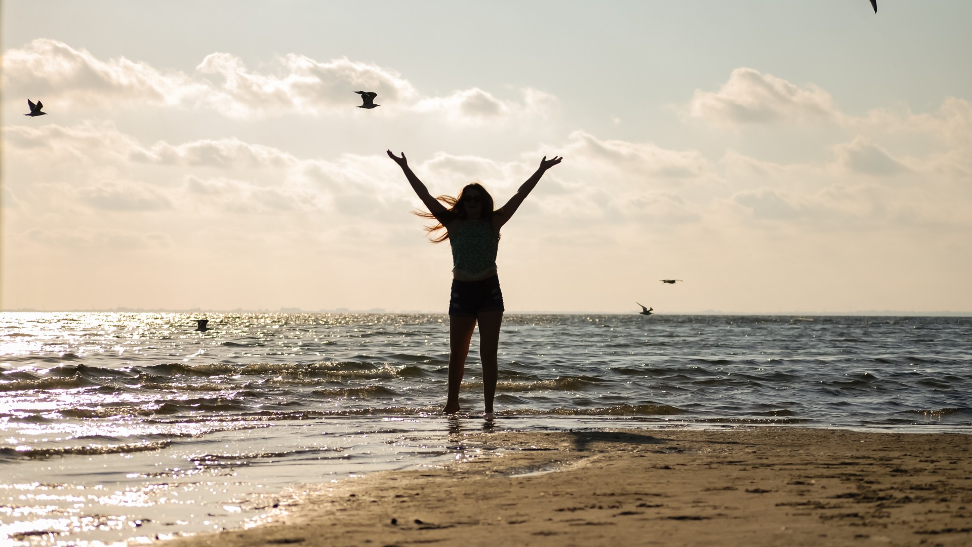 Silhouette of a woman standing at the shoreline with arms raised as seabirds fly overhead during a glowing sunset.