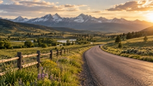 Cyclist riding a winding country road through a green valley near Bozeman, Montana, with mountains at sunset
