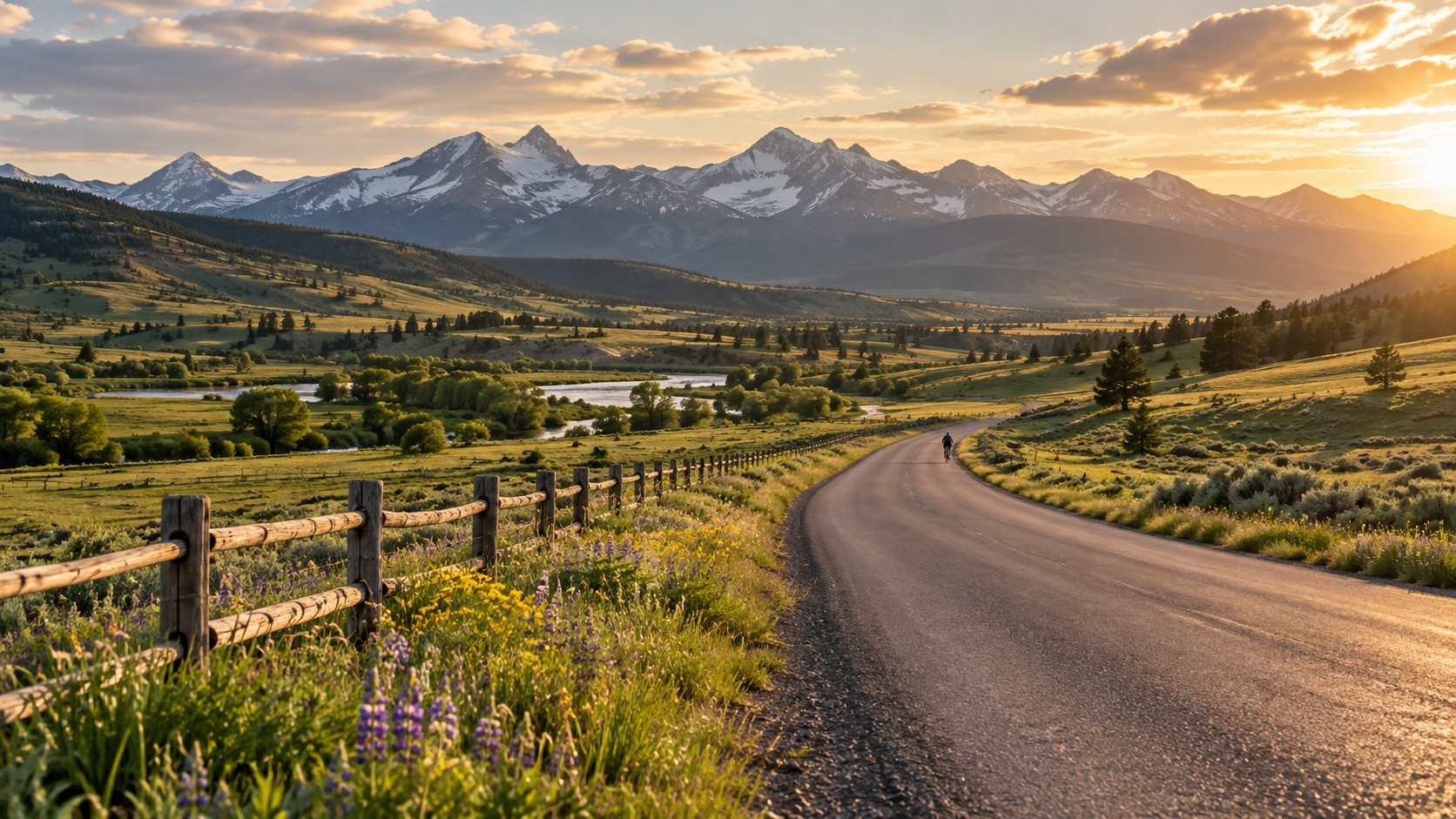 Cyclist riding a winding country road through a green valley near Bozeman, Montana, with mountains at sunset