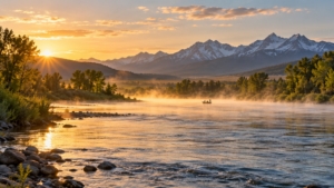 Drift boat floating on a misty Montana river near Bozeman at sunrise with snow-capped mountains behind