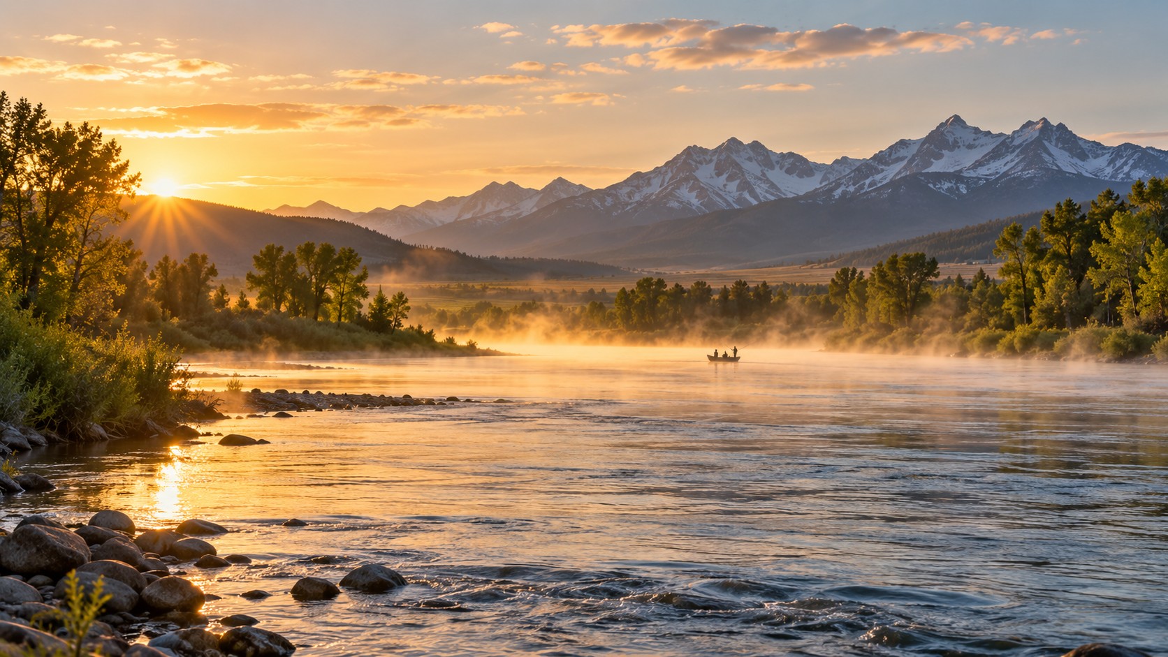 Drift boat floating on a misty Montana river near Bozeman at sunrise with snow-capped mountains behind