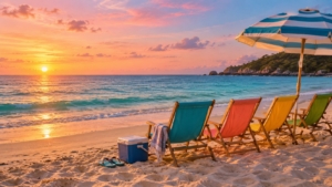 Row of colorful beach chairs with a striped umbrella, cooler, and flip flops on the sand at sunset