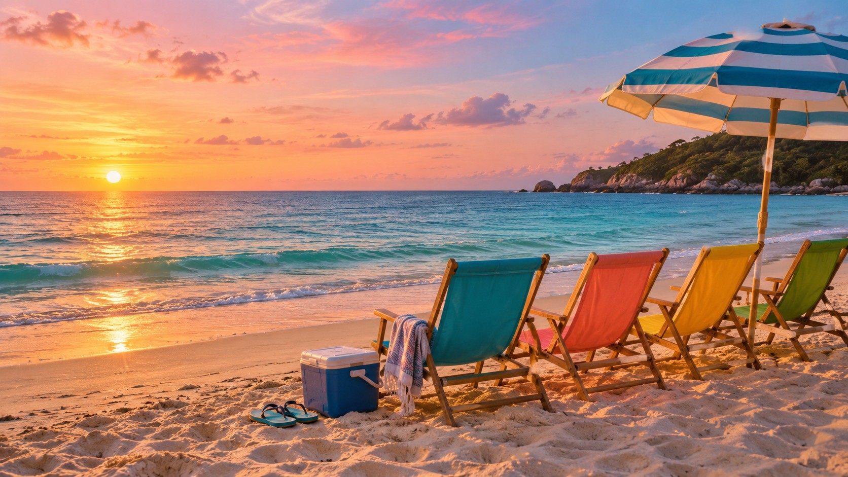 Row of colorful beach chairs with a striped umbrella, cooler, and flip flops on the sand at sunset