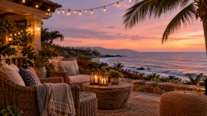 Oceanfront home patio with wicker chairs, lanterns, and string lights overlooking the coast at dusk