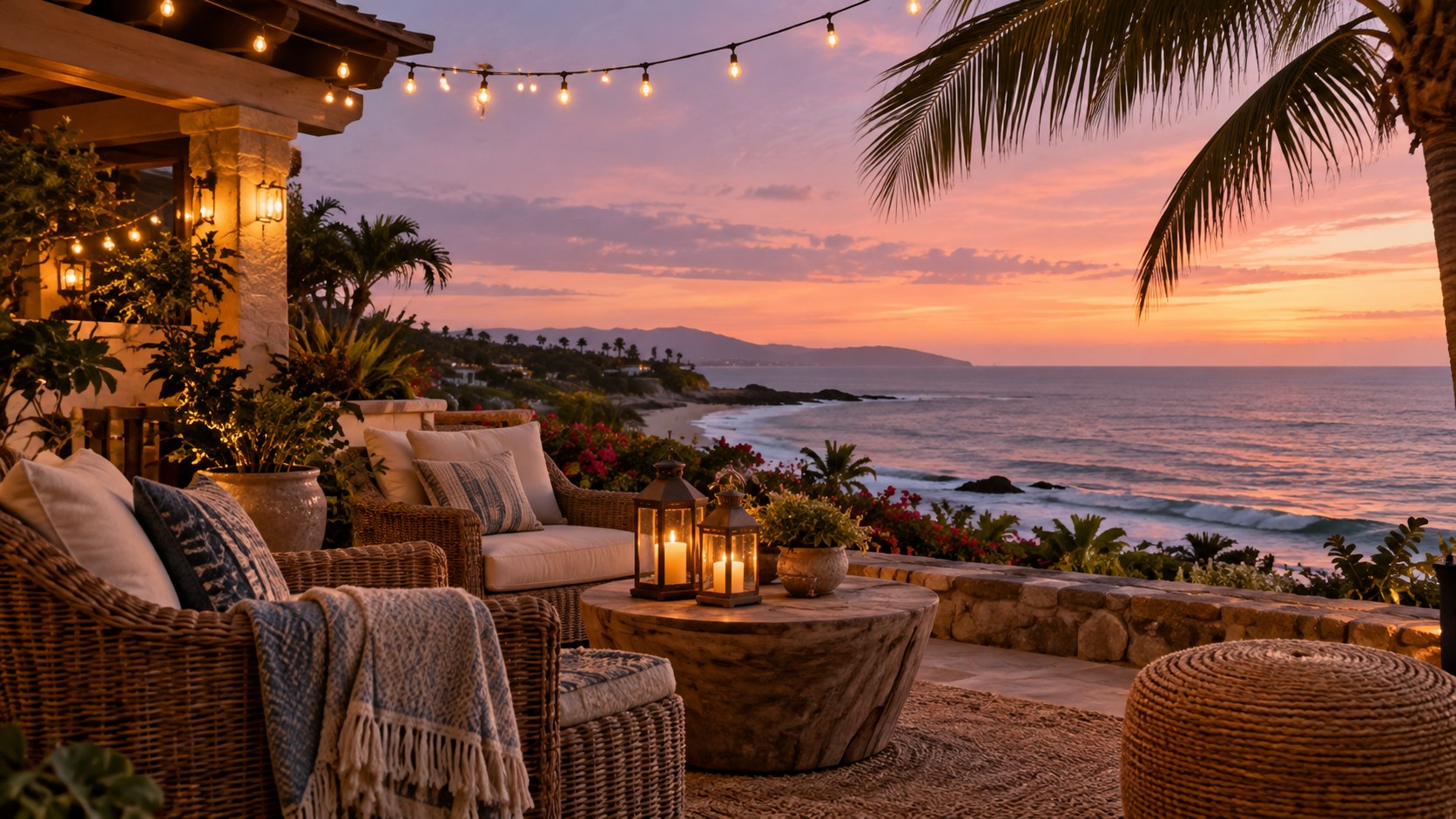 Oceanfront home patio with wicker chairs, lanterns, and string lights overlooking the coast at dusk