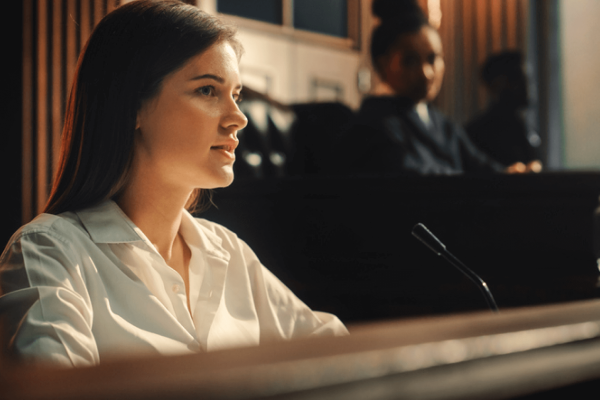 Court of Law and Justice Trial: Portrait of Beautiful Female Witness Giving Evidence to Prosecutor and Defence Counsel, Judge and Jury Listening. Dramatic Speech of Empowered Victim against Crime.