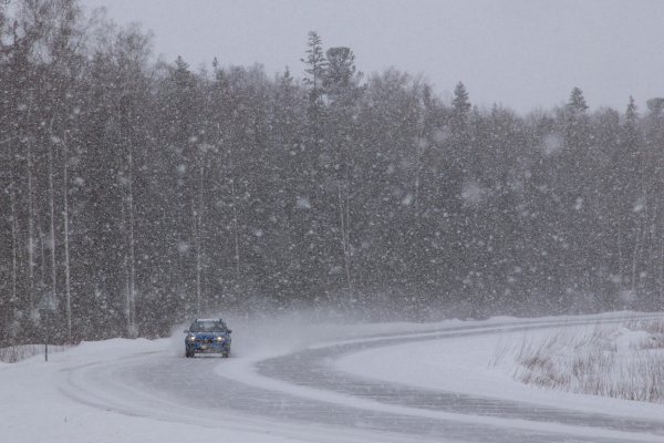 Car driving on a snow-covered road surrounded by a forest during heavy snowfall.