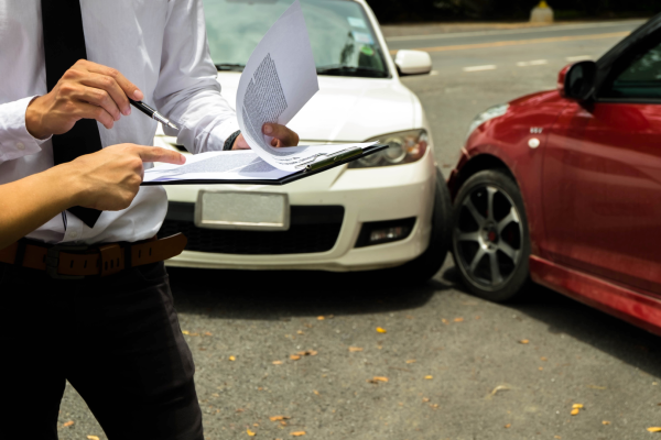 An insurance adjuster discussing paperwork with a client at the scene of a car accident, with two cars involved in a collision in the background.