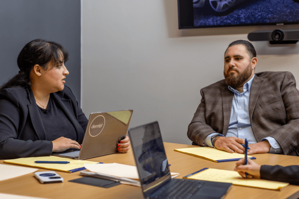 Jay Dermer sitting in a conference room discussing a case with a clients